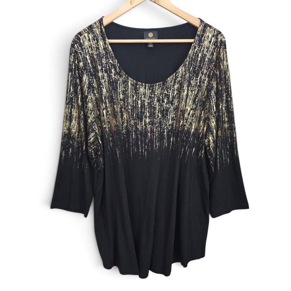 JM Collection Womens Blouse Plus XXL Black Gold Metallic Shimmer Party Knit Top
